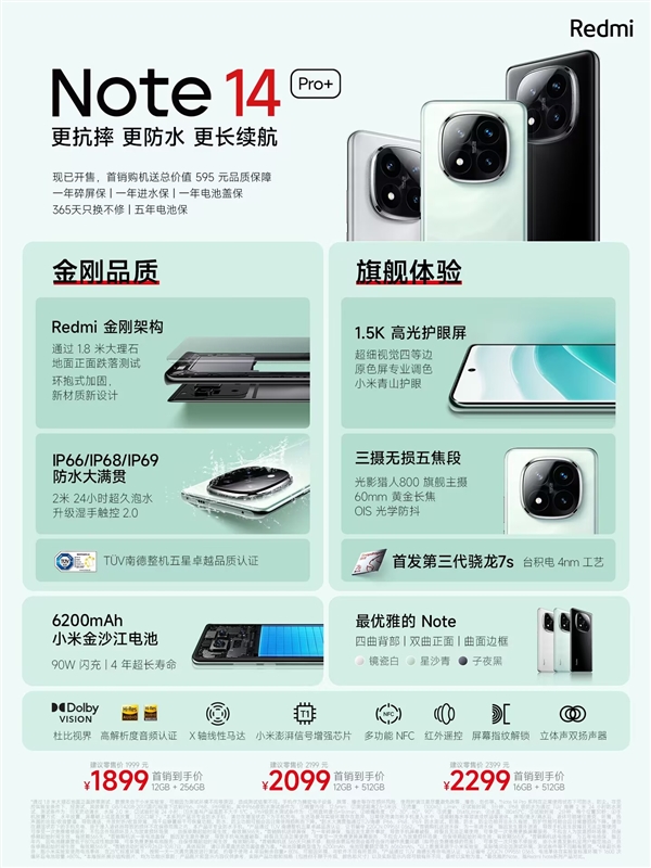 1899元起！Redmi Note 14 Pro+发布：首发第三代骁龙7s 同级唯一防水大满贯