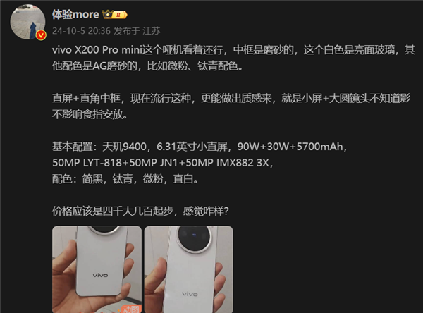 质感拉满！vivo X200 Pro mini设计曝光：哑机中框为磨砂材质